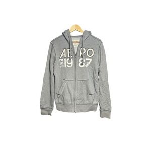 Aeropostale Mens Small Heather Grey Full Zip Hoodie AERO 1987 Plaid Hood Lining